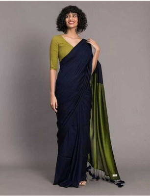 SARATHITEXTILE Solid/Plain Handloom Cotton Blend Saree(Dark Blue)