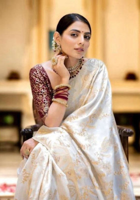 parthfabric Woven Banarasi Art Silk, Jacquard Saree(White)