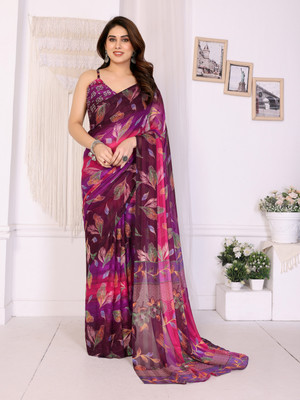 Magneitta Striped Bollywood Chiffon, Georgette Saree(Pink)