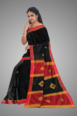 S Kart Printed Daily Wear Linen Saree(Black, Red)