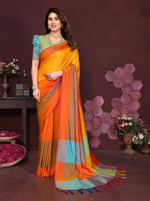 SuperLaxmi Color Block Bollywood Cotton Silk Saree(Orange)