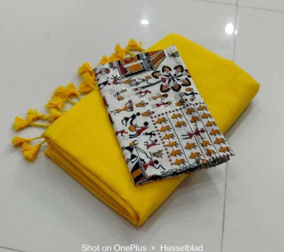 HouseOfCommon Solid/Plain, Printed Kalamkari Pure Cotton Saree(Yellow)