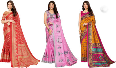 ANIRAV Woven Bollywood Art Silk Saree(Pack of 3, Red, Pink, Yellow)