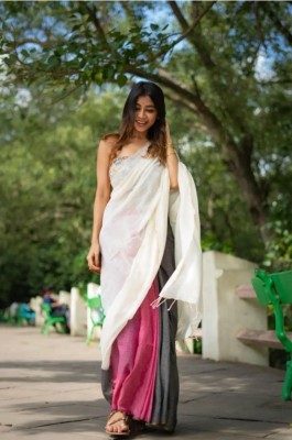 Sayak Creation Solid/Plain Bollywood Cotton Blend Saree(White)