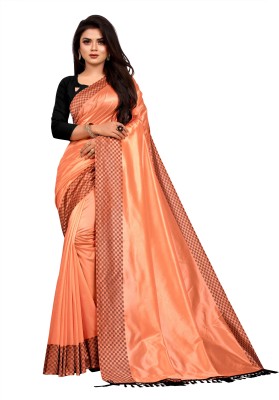 fentik.com Solid/Plain Bollywood Lycra Blend Saree(Orange)