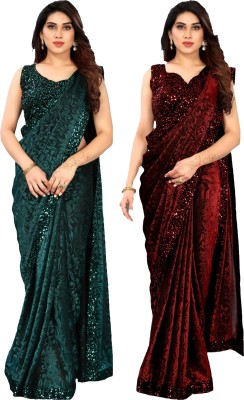 HouseOfCommon Self Design Bollywood Lycra Blend Saree(Pack of 2, Green, Maroon)