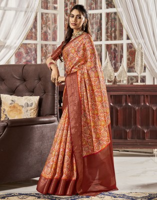 Samah Digital Print, Woven, Striped Handloom Pure Silk, Silk Blend Saree(Cream, Multicolor)
