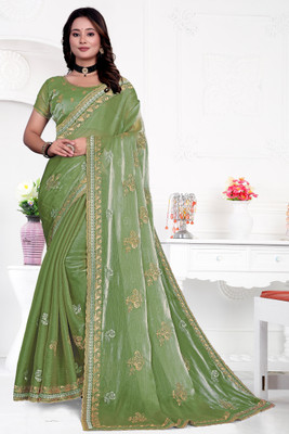 EthnicAura Embroidered Bollywood Silk Blend Saree(Light Green)