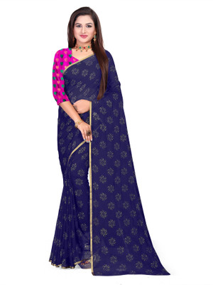 Aardiva Printed Daily Wear Cotton Blend Saree(Dark Blue)