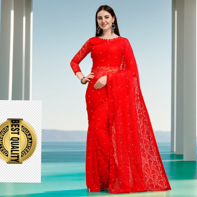 Online Bazaaar Embellished Bollywood Net Saree(Red)