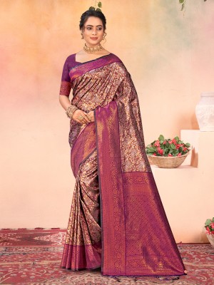 BUNAWAT Woven Handloom Silk Blend Saree(Brown)