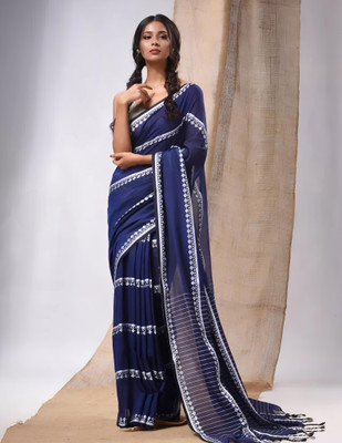 HouseOfCommon Embroidered Handloom Cotton Blend Saree(Blue)