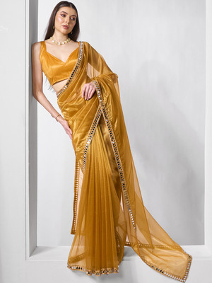 Kalista Embellished, Solid/Plain Bollywood Organza Saree(Gold)