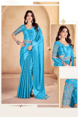 CELEUM Embroidered Bollywood Satin Saree(Light Blue)