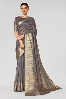 AVANSHEE Self Design, Woven, Solid/Plain Banarasi Cotton Silk Saree(Grey)