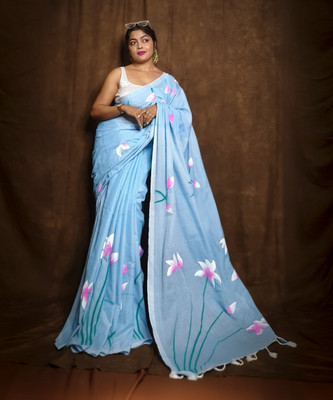 GOURISAREE Printed Hand Batik Cotton Blend Saree(Light Blue)