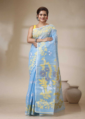 Mondal Saree Centre Printed Jamdani Cotton Silk Saree(Light Blue)