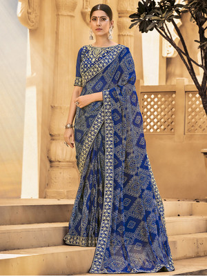 Divastri Embroidered Bandhani Georgette Saree(Blue)