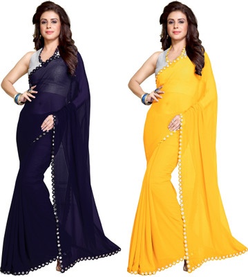 MIRCHI FASHION Solid/Plain Bollywood Georgette Saree(Pack of 2, Dark Blue, Yellow)