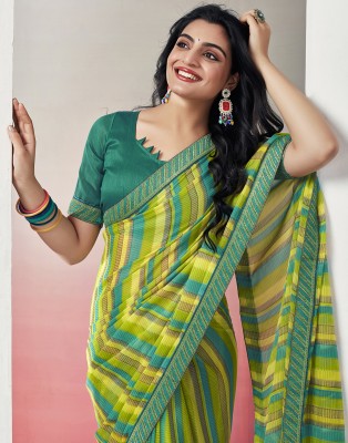Samah Printed, Embellished Bollywood Georgette, Chiffon Saree(Green, Yellow, Blue)