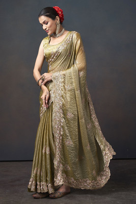 PEEYU Embroidered Bollywood Pure Silk Saree(Light Green)