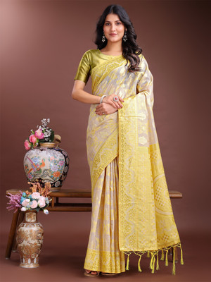 Tasrika Woven Banarasi Cotton Linen Saree(White, Yellow)
