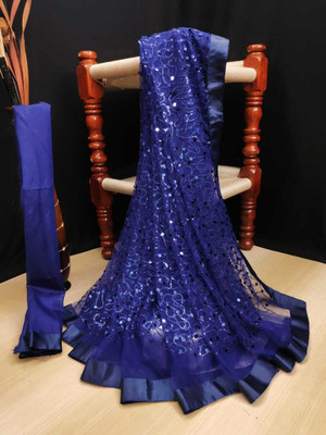 NEHA CREATION Applique Daily Wear Net Saree(Dark Blue, Multicolor)