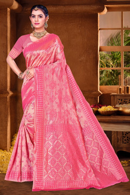 sarees Woven, Geometric Print, Self Design Banarasi Cotton Silk Saree(Pink)