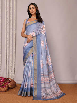 Janasya Printed, Floral Print Chanderi Silk Blend Saree(Blue)
