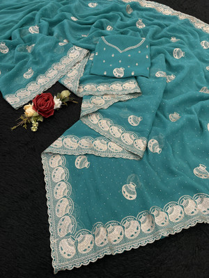 Dk Trendz Embroidered Bollywood Organza Saree(Light Blue)