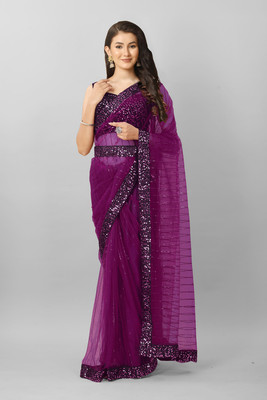 TIRTH CREATION Embroidered Bollywood Net Saree(Purple)
