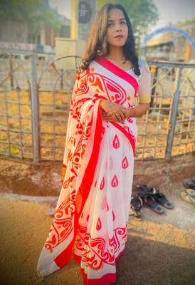 Priyongboda Printed Jamdani Handloom Cotton Blend Saree(White, Red)