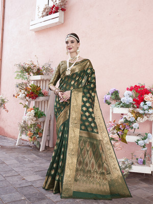 ANOUK Woven Banarasi Organza Saree(Dark Green)