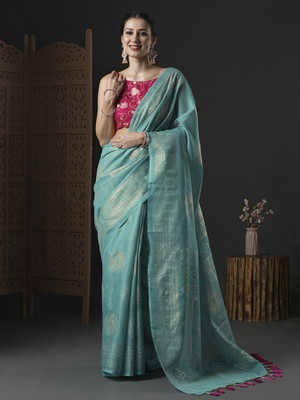 Tasrika Printed Bollywood Cotton Blend Saree(Blue)