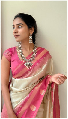 SHREEJA FASHION Woven, Temple Border, Self Design Kanjivaram Cotton Silk Saree(Pink)