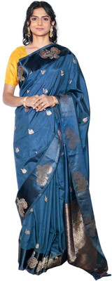 Dridh Textiles Floral Print Banarasi Silk Blend Saree(Blue)