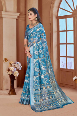 Ethnic Trendz Digital Print Saree with Attached Blouse Cotton Linen Saree(Multicolor)