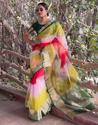 KOTHARI SKT Solid/Plain Bandhani Organza Saree(Green)