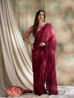 manvaa Striped Bollywood Silk Blend Saree(Red)