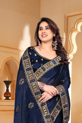 KHRITI FAB Woven Bollywood Jimmy choo Saree(Dark Blue)