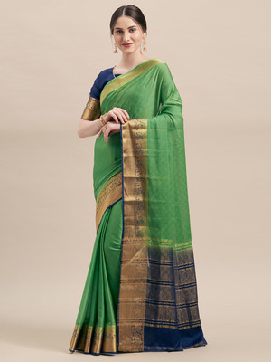 Saanjh Solid/Plain Saree with Attached Blouse Silk Blend Saree(Green)