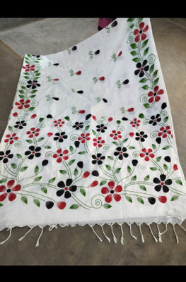 Tantikatha Printed Handloom Cotton Blend Saree(White)