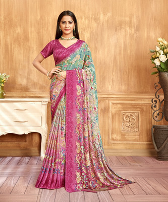 SIRIL Floral Print, Printed, Self Design Bollywood Silk Blend, Crepe Saree(Pink, Green)