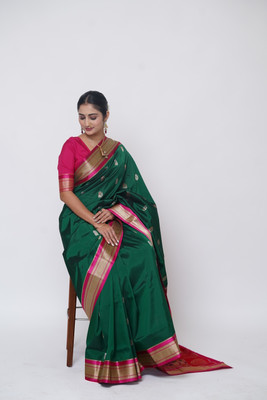 Urvashi Creation Sarees Woven Paithani Cotton Silk Saree(Dark Green)