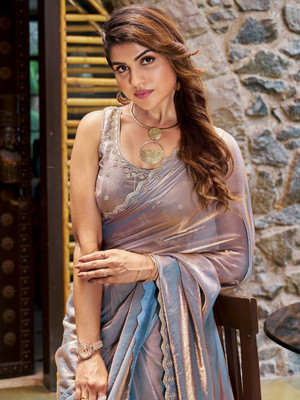 Banarasi wala Embellished Bollywood Chiffon, Net Saree(Light Blue, Gold)