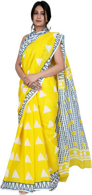 Jaipuri Print Printed, Blocked Printed Daily Wear Pure Cotton Saree(Yellow)
