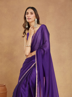 LOROFY Solid/Plain, Embroidered Banarasi Art Silk, Silk Blend Saree(Purple)