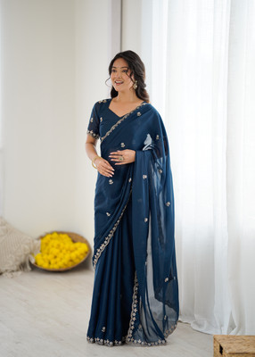 HMP Fashion Embroidered, Floral Print Bollywood Georgette Saree(Blue)