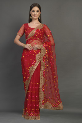 YARA CREATION Embroidered Bollywood Net Saree(Red)