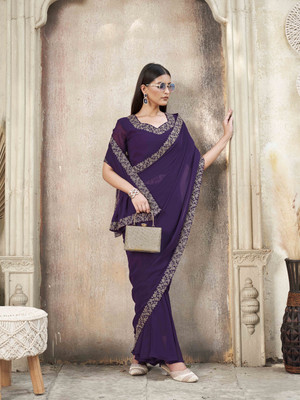 Tikhi Imli Embroidered Pant Saree Georgette Saree(Purple)